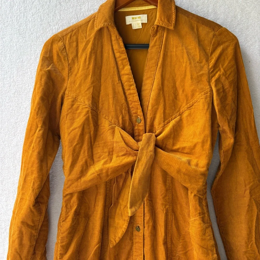 Maeve Anthropologie Mustard Tie Front Corduroy Mini Dress Long Sleeve - Picture 4 of 8
